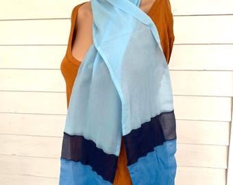 Vintage Vera Blue Sheer Vinal Silk Fringe Scarf