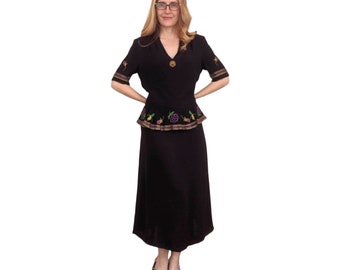 40s Black Beaded Peplum Dress Vintage Floral S 36 28 36