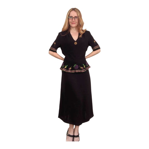 40s Black Beaded Peplum Dress Vintage Floral  S - image 1
