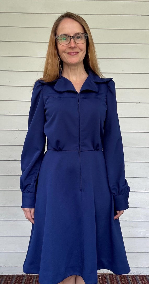 70s Blue Long Sleeve Casual Dress Zip Down Vintage S