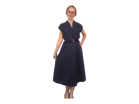 70s Blue Print Dress Retro Full Skirt Vintage Cas… - image 1