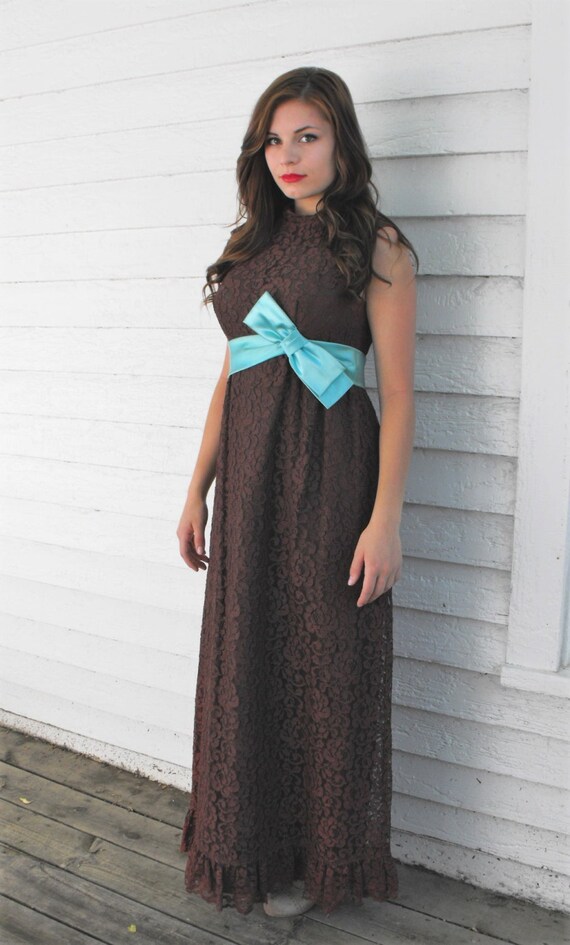 60s Brown Lace Gown Vintage Party Dress Cocktail … - image 2