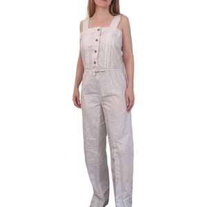Jaren 70 jumpsuit mouwloos vintage grijs minuscule krijtstreep S XS