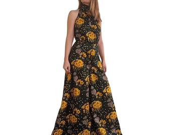 70s Jumpsuit Wide Palazzo Leg Marigold Floral Bell Sleeve Top