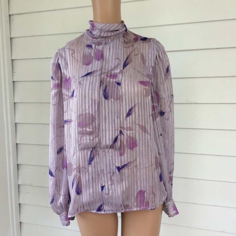 Pale Purple Sheer Striped Blouse Top 80s Lilac Vintage M L
