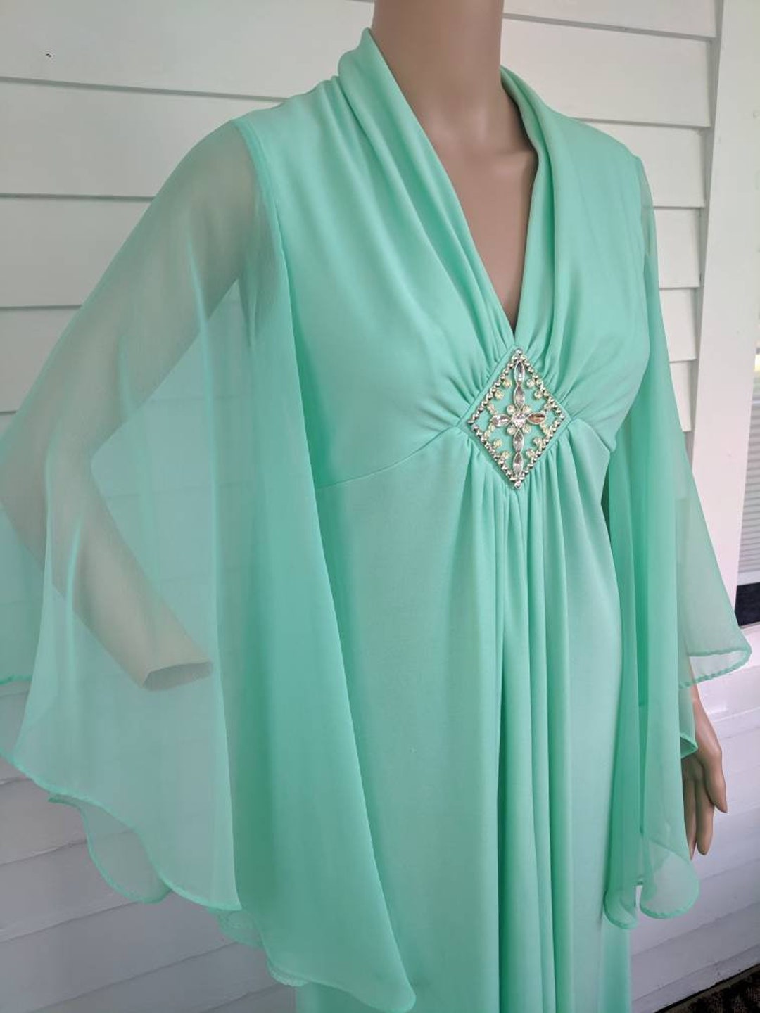 70s Green Formal Dress Sheer Long Sleeves Maxi Vintage S - Etsy