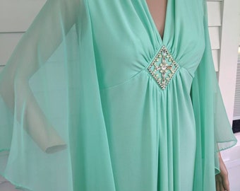 70s Green Formal Dress Sheer Long Sleeves Maxi Vintage S
