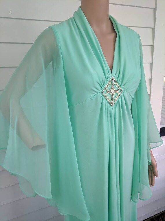 70s Green Formal Dress Sheer Long Sleeves Maxi Vin