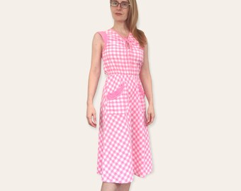 60s Keyhole Dress Pink Gingham Day Sleeveless XS 32 Bust Vintage