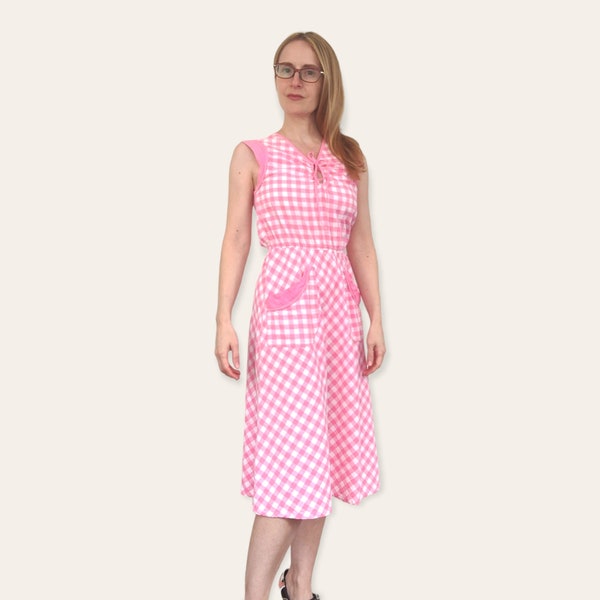 60s Keyhole Dress Pink Gingham Day Sleeveless XS 32 Bust Vintage