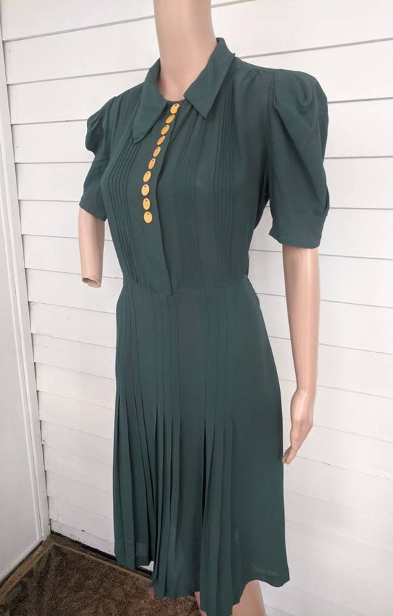 30s Green Dress Collar Vintage L