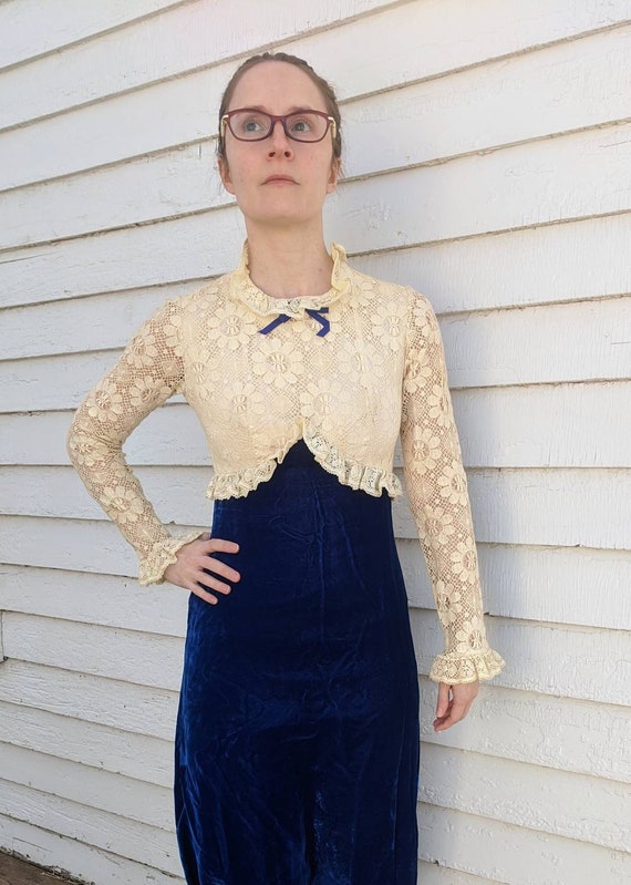 Lace Velvet Dress Floral Ivory Blue Hippie Formal