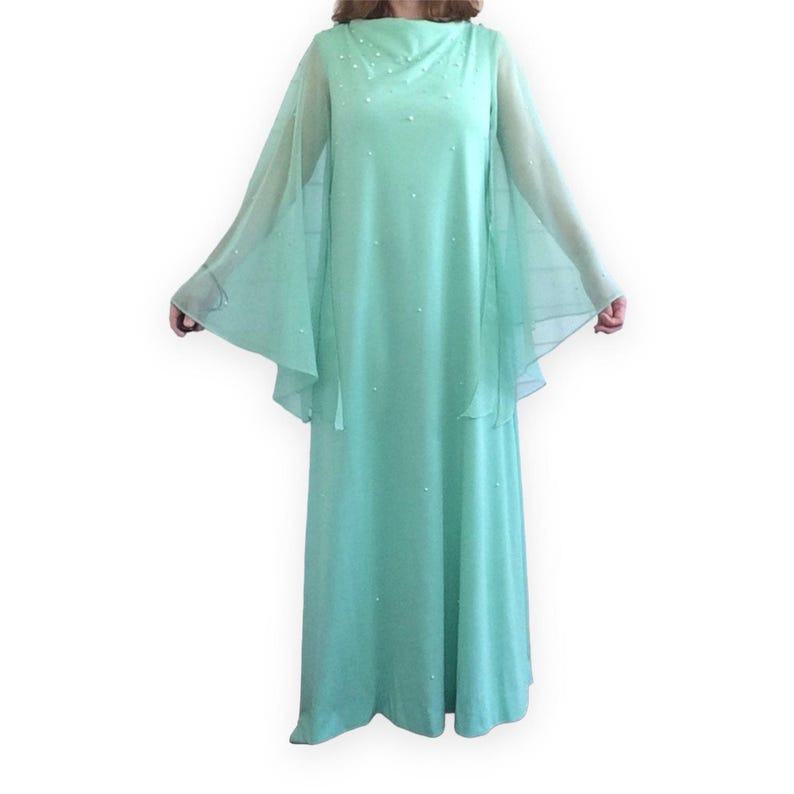 70er Jahre Maxi Kleid Seafoam schiere Ärmel Perlen formale L M Bild 2