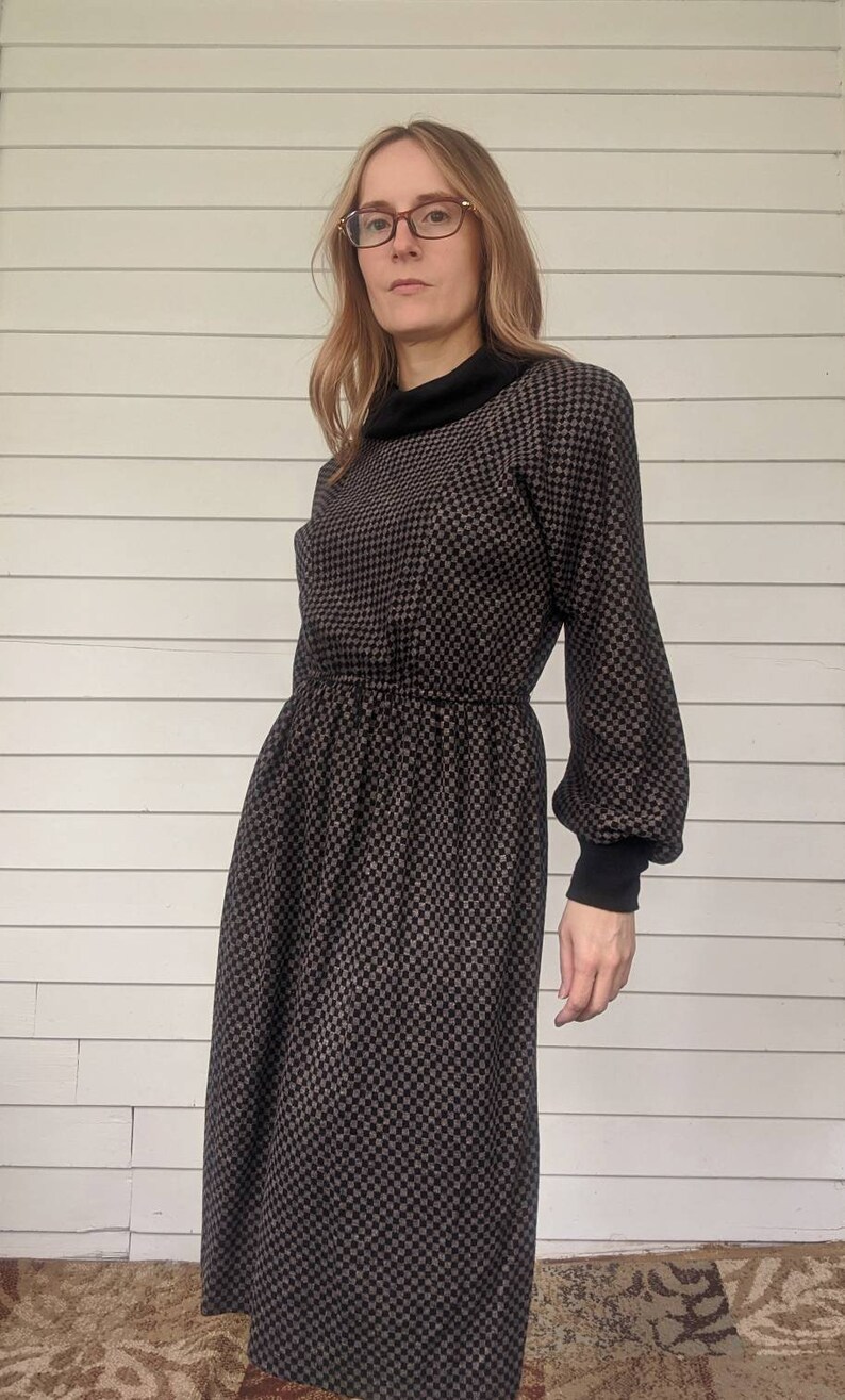 80s Turtleneck Dress Long Bishop Sleeve S 4 Check Print | Etsy