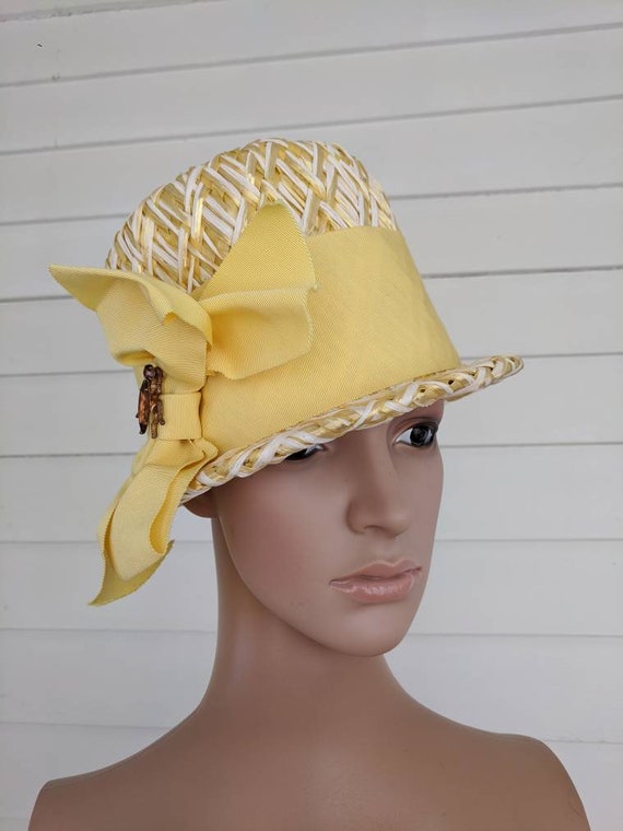 Vintage Yellow Hat Spring Summer Cello Straw - image 1