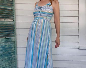 70s Striped Sleeveless Maxi Dress with Jacket Mod Hippie Print Summer Vintage S