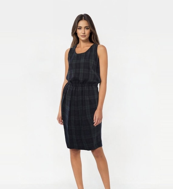 Lands End Plaid Dress Cotton Green Blue Sleeveles… - image 1