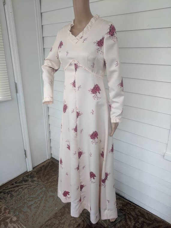 70s Floral Print Dress Long Sleeve Gown Long Pink… - image 7