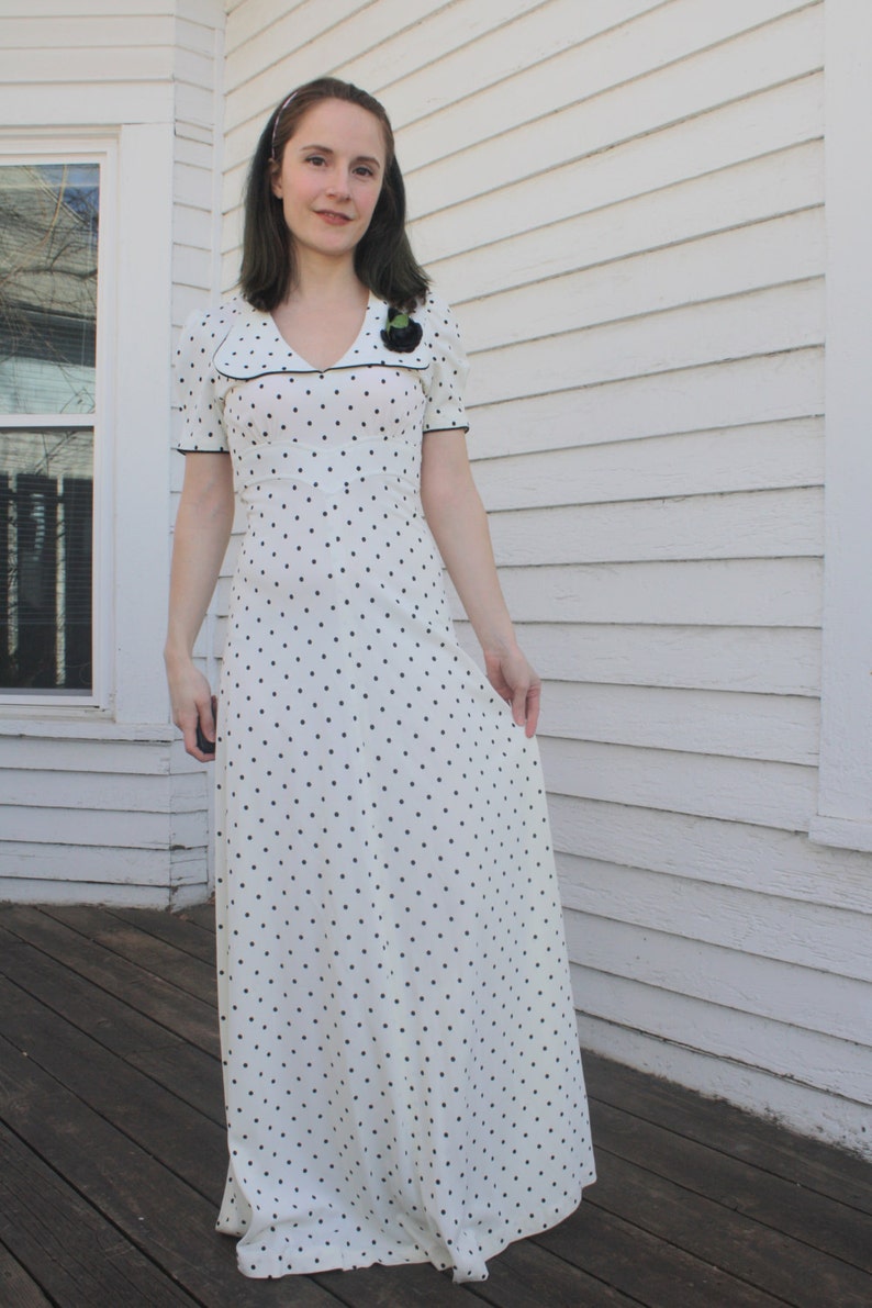 white and black polka dot maxi dress