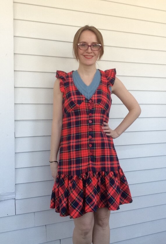 Plaid Mod Mini Dress 60s Red Ruffle Heart Buttons… - image 3