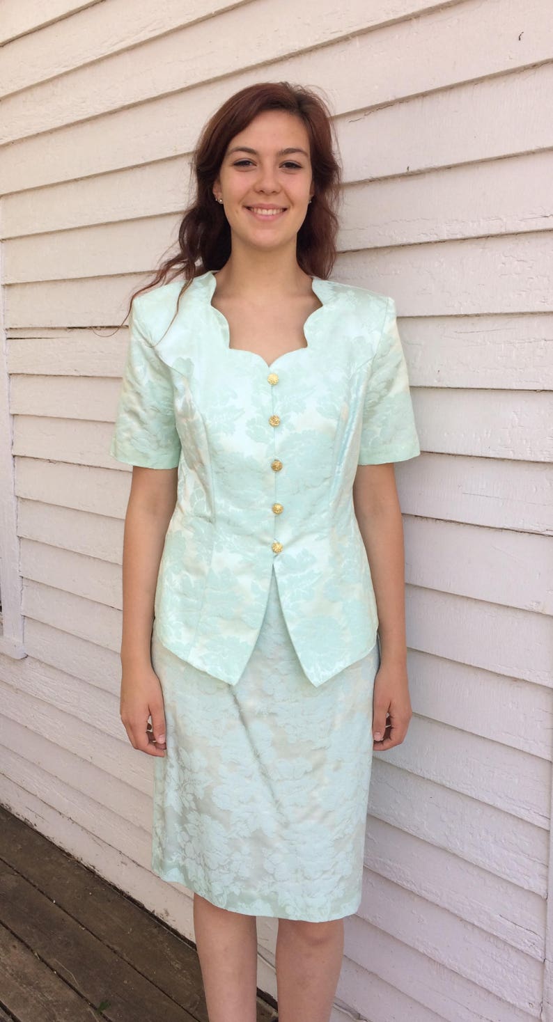 80s Jacket and Skirt Pale Mint Floral Suit Embossed M