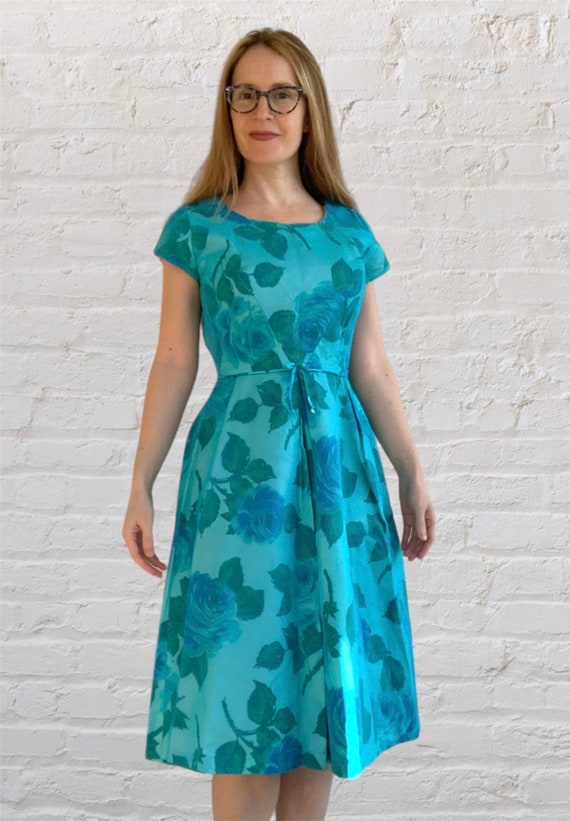 Midcentury Floral Dress Blue Print 50s 60s XS S