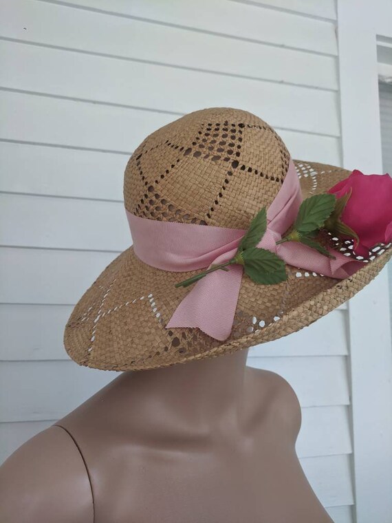 Vintage Straw Summer Hat Wide Brim Ribbon Floral … - image 7