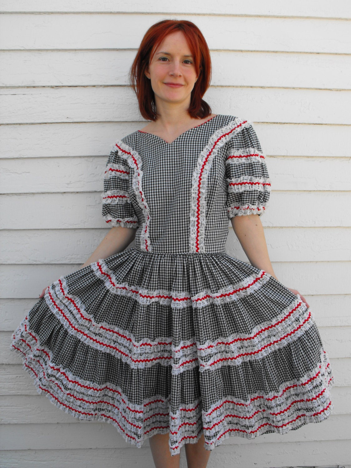 60s 70s gingham check western dress
