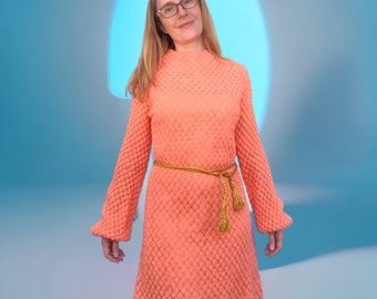 Vestido manga longa pêssego anos 70 retrô vintage XS