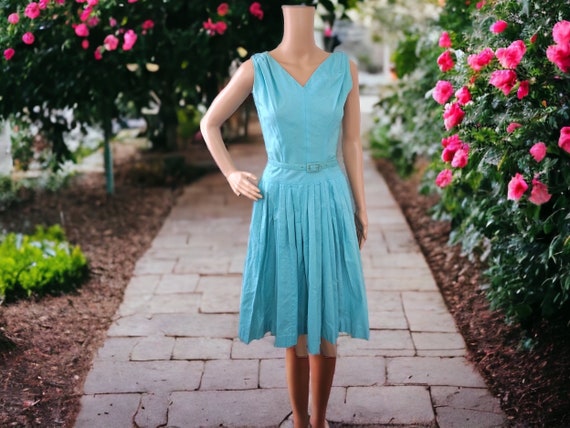 50s Aqua Sleeveless Dress with Bolero Blue Vintag… - image 1