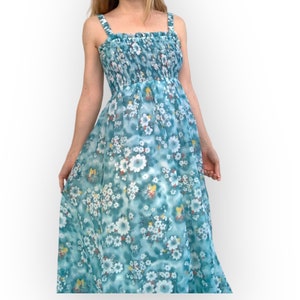 70s Prairie Dress Floral Maxi Sleeveless Blue Vintage Candi Jones S