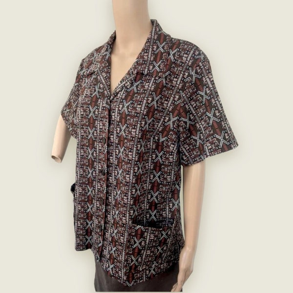 70s Brown Hippie Top Striped Print Short Sleeve Mod Polyester Vintage Blouse XL