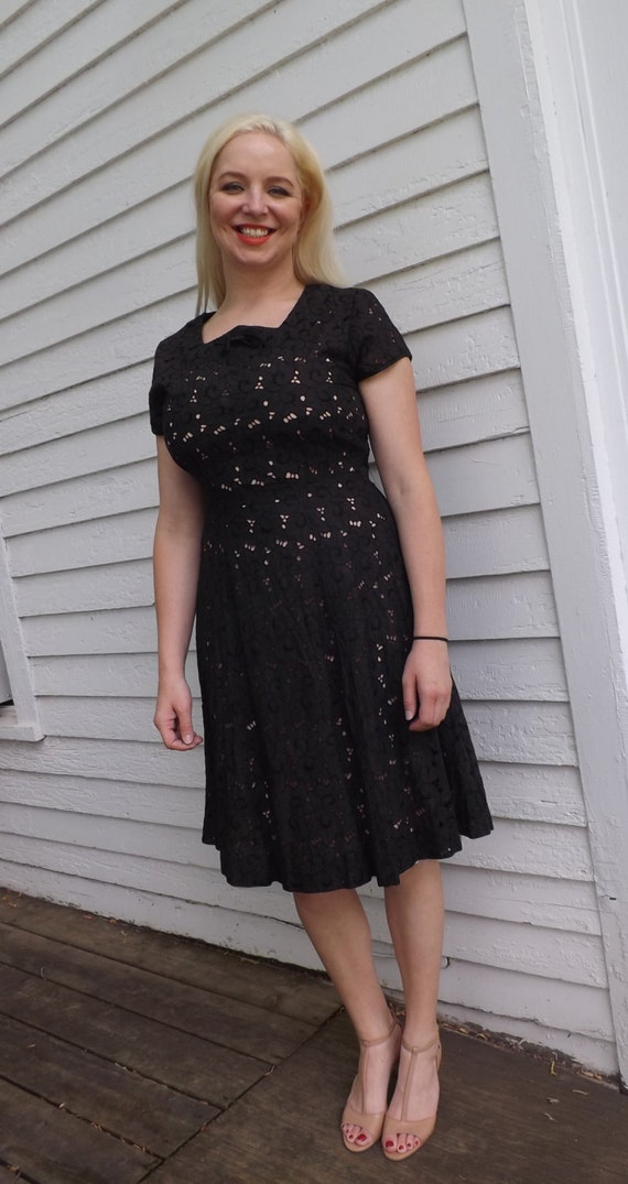 50s Black Dress Open Lace Sheer Vintage M L 38 Bu… - image 7