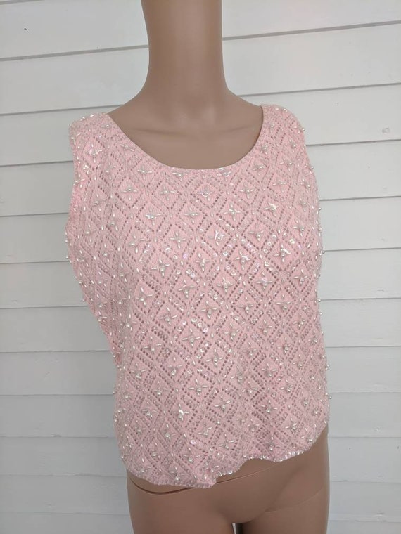 Pink Cashmere Sweater Beaded Sequin Sleeveless 50… - image 6