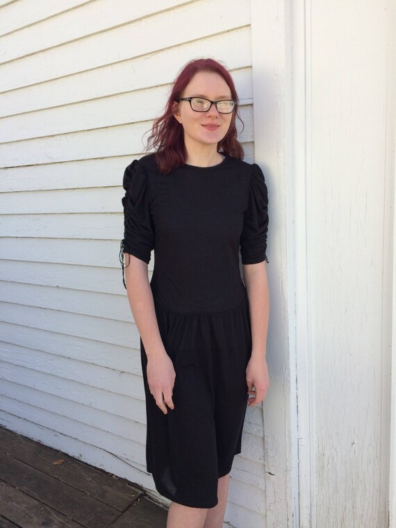 80s Black Dress Ruched Sleeve Casual You Babes S