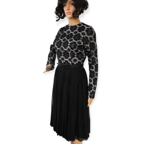 60s Black Floral Lace Dress Party Pleated Long Sl… - image 1