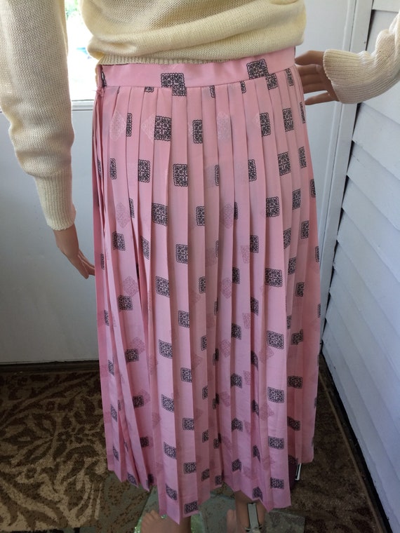 80s Pleated Pink Print Skirt Long Midi M Breckenr… - image 6