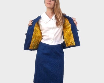 60s Blue Skirt Suit Short Jacket Vintage XS 34 24 34
