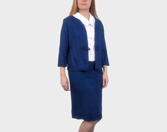 60s Blue Skirt Suit Short Jacket Vintage XS 34 24 34