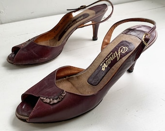 Oxblood Ankle Strap Heels Open Toe Shoes Vintage 60s Amano