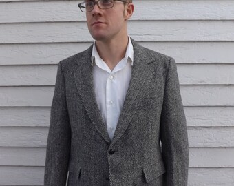 Vintage Mens Herringbone Jacket Black White Sport Coat Tweed Wool 40