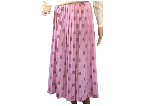 80s Pleated Pink Print Skirt Long Midi M Breckenr… - image 1