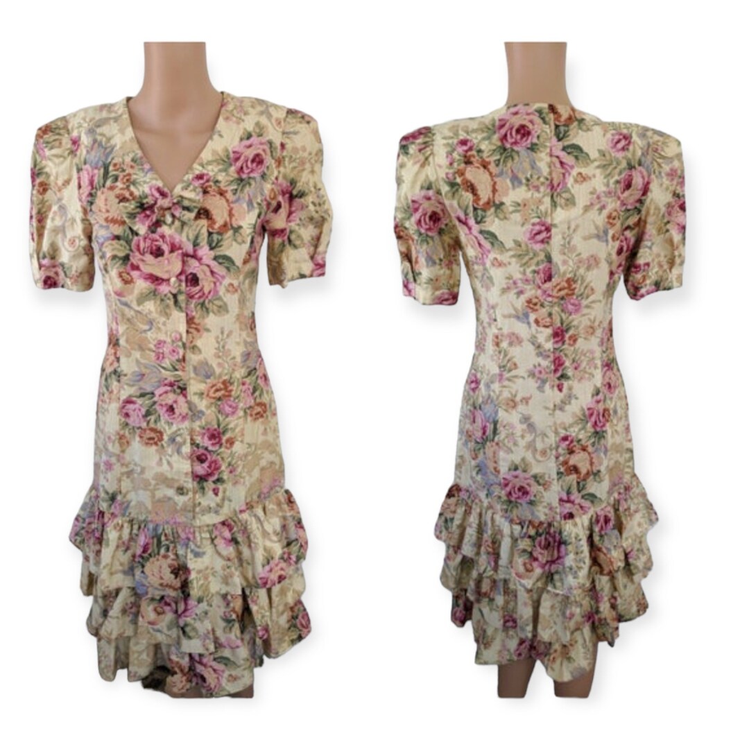 80s Floral Print Dress|Vintage Monochrome Design in cream and blue