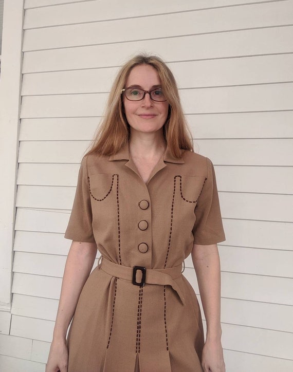 40s Tan Topstitch Dress Casual Day 