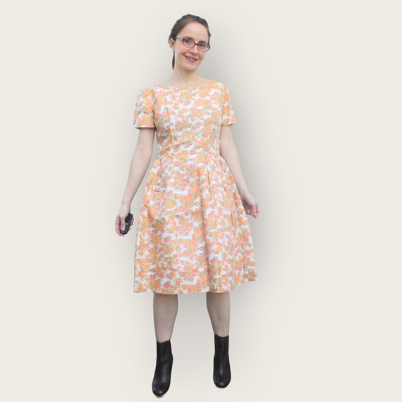 60s Floral Party Dress Peach Vintage 1960s Short … - image 1