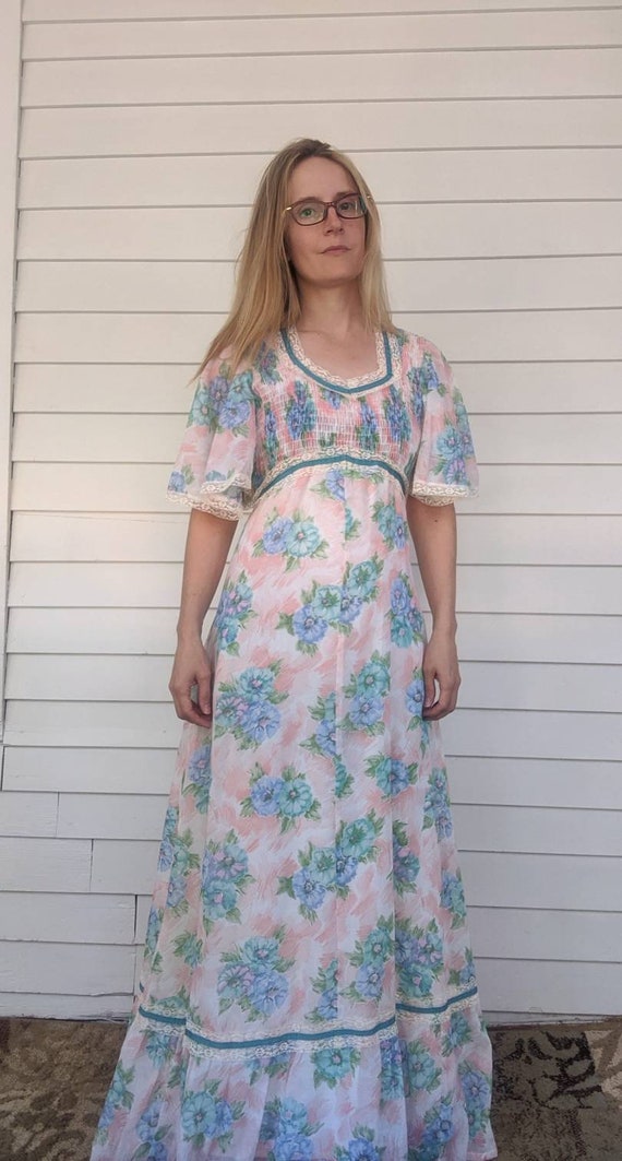 70s Maxi Dress Hippie Floral Smocked Long Vintage