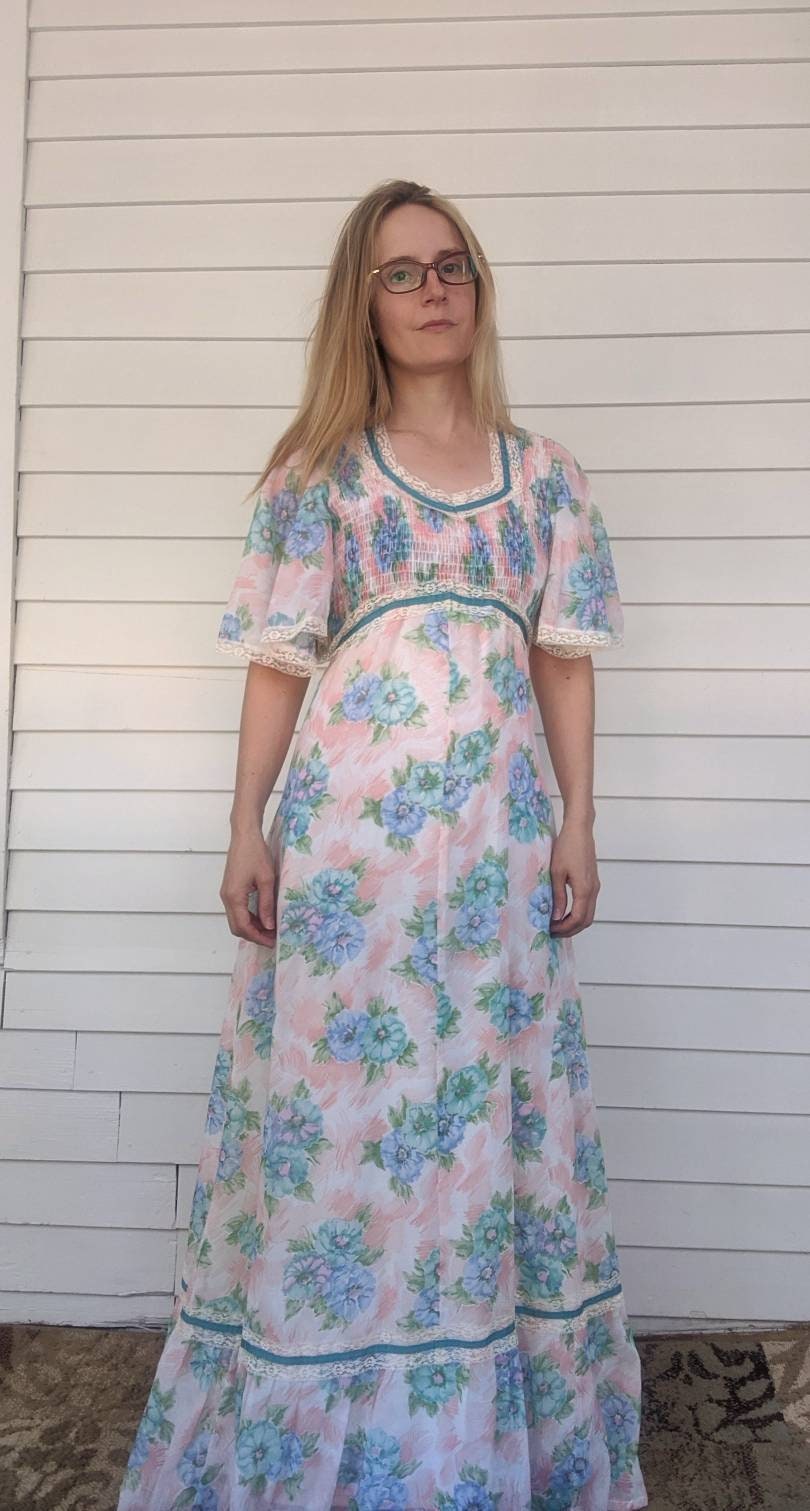 70s Maxi Dress Hippie Floral Smocked ...