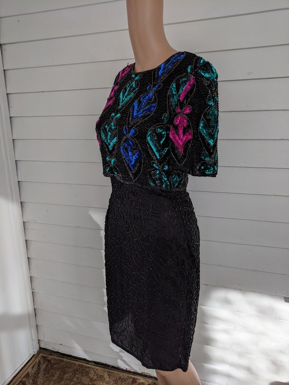 80s Silk Sequin Beaded Dress AS IS Black Formal XS - image 8