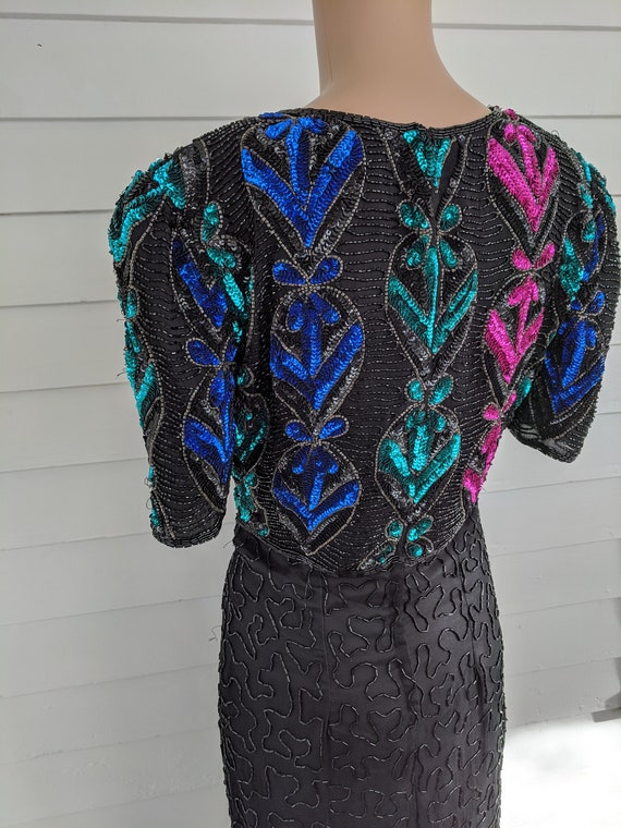 80s Silk Sequin Beaded Dress AS IS Black Formal XS - image 3