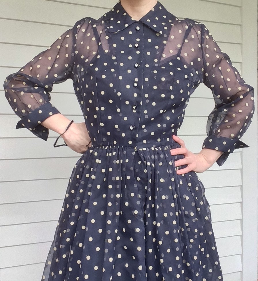 50s Sheer Polka Dot Dress Blue Vintage XS 34 Bust 24 Waist 50s Sheer Polka Dot Dress Blue Vintage XS 34 Bust 24 Waist